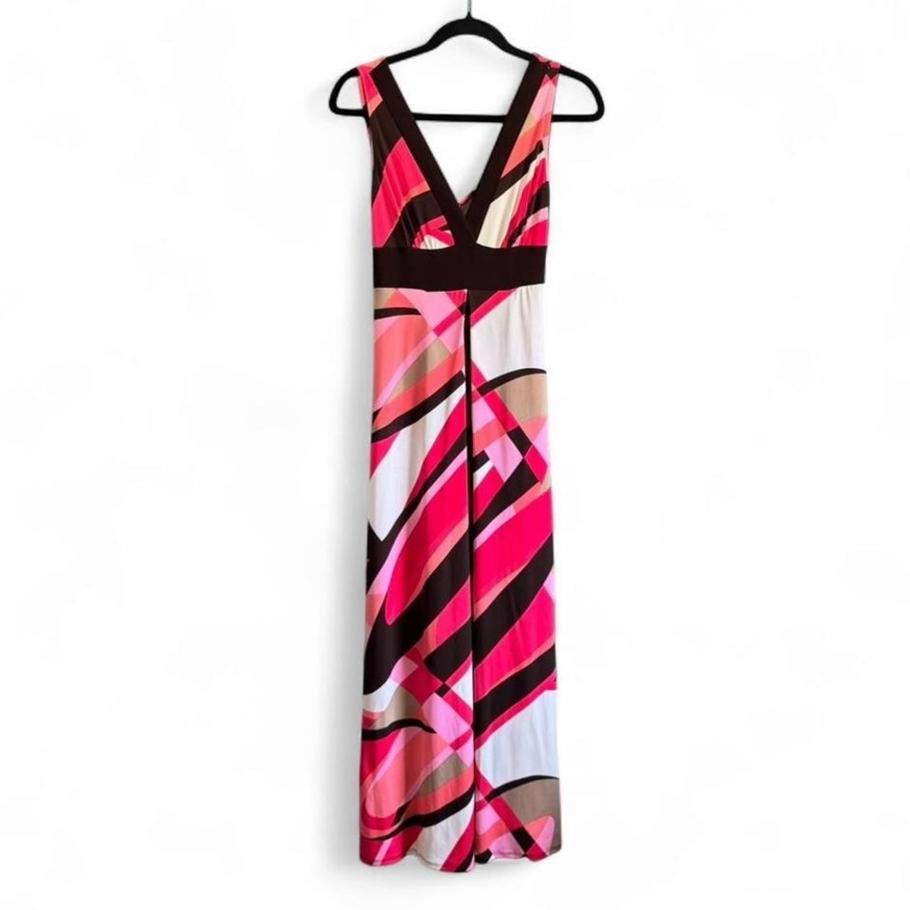 Bisou Bisou Maxi Dress Women's Size 6 Pink Brown Retro Groovy V Neck Colorblock‎